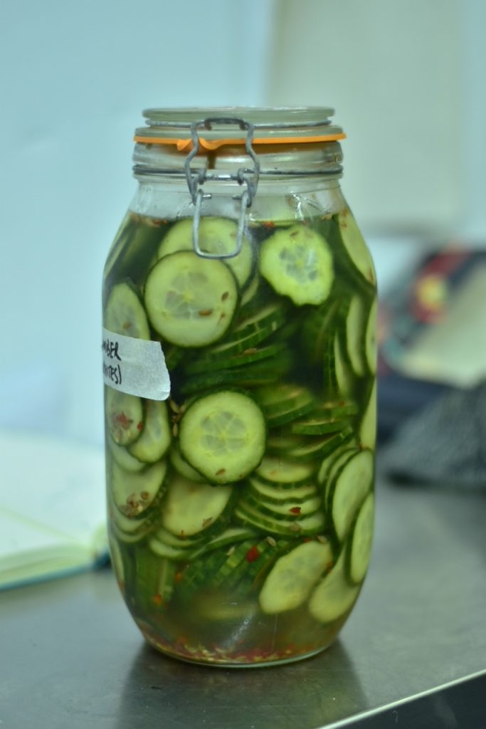 A jar of pickled cucumber 